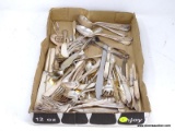 TRAY LOT OF MISC. SILVER-PLATE/ELECTROPLATE FLATWARE. INCLUDES SPOONS, DINNER KNIVES, FORKS, SERVING