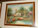 SIGNED OIL CANVAS GREEN WICH COTTAGE BY THE LAKE SIGNED BOWMAN IN A MAHOGONY FRAME. MEASURES 55 X 43