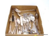TRAY LOT OF MISC. SILVER-PLATE/ELECTROPLATE FLATWARE & SERVING PIECES. INCLUDES LARGE LADLE, SALAD