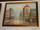 OLD TOWN STREET SCENE OIL ON CANVAS IN MAGOHANY FRAME. MEASURES APPROX 38