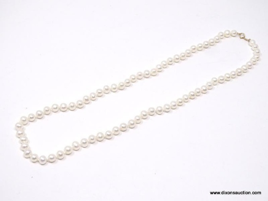 BEAUTIFUL SINGLE STRAND, HAND KNOTTED, GENUINE WHITE PEARL NECKLACE, WITH 14K YELLOW GOLD SPRING