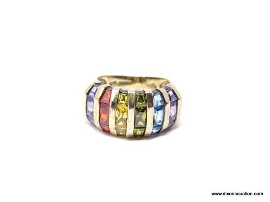 VERY SHARP, THIS RAINBOW OF MULTI-COLORED TOURMALINE GEMSTONES SET IN A STERLING SILVER RING WILL