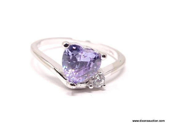 VERY ATTRACTIVE DESIGNER STERLING SILVER LADIES' HEART SHAPED IOLITE GEMSTONE RING, WITH A ROUND CUT