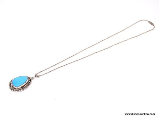 NATIVE AMERICAN CRAFTED, STERLING SILVER AND SLEEPING BEAUTY TURQUOISE TEAR DROP PENDANT, ON LIQUID