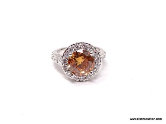 AMAZING 9.9MM ROUND CUT CITRINE LADIES' GEMSTONE DINNER RING IN RHODIUM PLATED STERLING SILVER. THE
