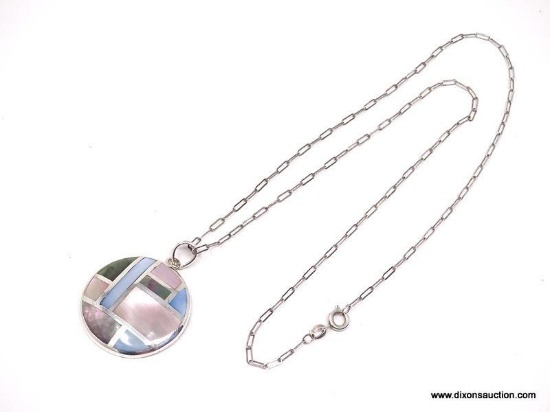 STERLING SILVER ROUND INLAID PENDANT ON 20" STERLING SILVER CHAIN. FEATURING ABALONE SHELL,