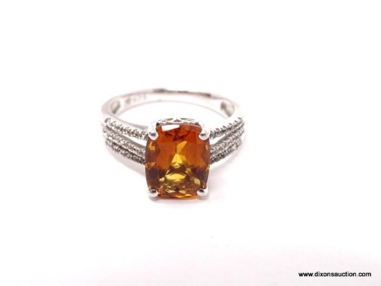 LOVELY CITRINE AND DIAMOND STERLING SILVER LADIES' EVENING RING. A LARGE 10MM X 8MM CENTER STONE