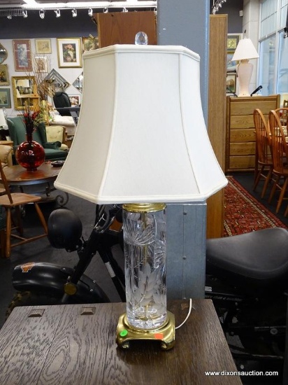 CRYSTAL LAMP; ETCHED CRYSTAL AND BRASS LAMP WITH CLOTH SHADE AND PRISM FINIAL. IS IN EXCELLENT