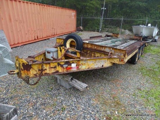 HEAVY DUTY 25' FLATBED 6-WHEELED EQUIPMENT TRAILER WITH RAMPS. HEAVILY RUSTED AND WOOD FLOOR NEEDS