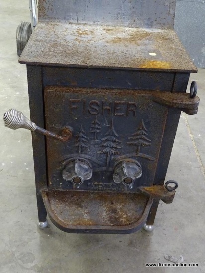 FISHER SINGLE DOOR CAST IRON WOOD FIRE STOVE. MEASURES APPROX. 17.5" X 29.5" X 31.5" TALL.