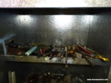 SHELF LOT OF ASSORTED ITEM TO INCLUDE: GREASE GUNS, AND OVER (15) ASSORTED CORING BITS, THEADERS,