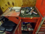 CONTENTS OF LEFT CABINET, DRAWERS AND TOP TO INCLUDE: AIR SAW, OIL SEALS, FUEL FILTERS, U-JOINTS,