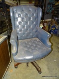 VINTAGE EXECUTIVE OFFICE CHAIR. BLUE WITH BUTTON BACK AND EAT. NAILHEAD TRIM. NEEDS WORK.