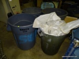LOT OF (4) WAREHOUSE TRASH CANS. INCLUDES (2) BRUTES RUBBERMAID, (1) HARD GREY PLASTIC & (1) GREEN