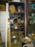 LARGE CABINET LOT OF ASSORTED ITEMS. INCLUDES: WATER LINE CAUTION TAPE, RUBBER GASKETS, RUBBER