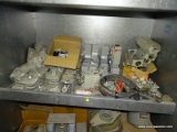 SHELF LOT OF ASSORTED ITEMS TO INCLUDE: A BOX OF LIGHT SWITCHES, DUCT CONNECTORS NUTS AND BOLTS, A