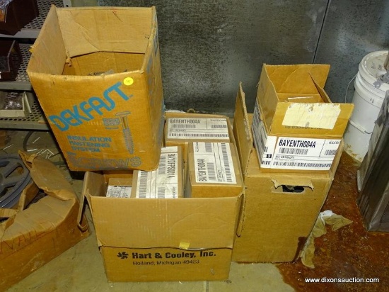 FLOOR LOT OF ASSORTED ITEMS TO INCLUDE: SCREWS, A BOX FULL OF NEW HUMIDITY SENSOR KITS, ETC.