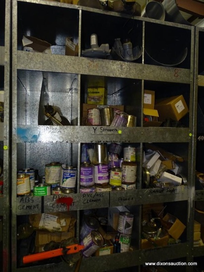 CONTENTS OF SHELVING UNIT TO INCLUDE: PLASTIC PIPE PRIMER, DRIVE PIN FASTENERS, PIECES OF SHEET