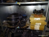 SHELF LOT TO INCLUDE ASSORTED SIZED CAST IRON FLANGES, (7) FNW FLANGE ACCESSORY PACKS, AND OTHER