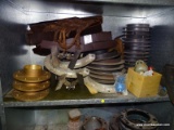 SHELF LOT OF CAST IRON PIPE FITTINGS AND FLANGES.