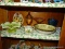 (KIT) SHELF LOT OF GLASS; SHELF LOT OF ANTIQUE GLASS- AMBER AND OPALESCENT FLUTED AND FOOTED DISH,