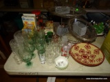 (LR) KITCHEN LOT; LOT INCLUDES 3 TIER STAND WITH TRAYS, WATER GLASSES, PARFAIT GLASSES, DESSERT
