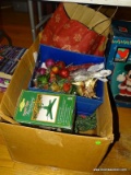 (LR) CHRISTMAS LOT; LOT INCLUDES- 19 IN X 28 IN SANTA WITH DECORATED TREE, BOX OF DECORATIONS,