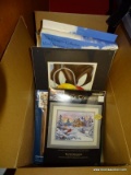 (KIT) BOX LOT; LOT INCLUDES- 4 NEW IN BOX WIND SPINNERS, 3 NEW IN PACKAGE CROSS STITCHES AND SMALL