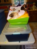 (KIT) BOX AND TUB LOT; BOX INCLUDES 6 NEW IN WRAPPERS PHOTO ALBUMS AND SCRAPBOOK PAPER- TUB LOT- NEW