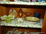 (KIT) SHELF LOT OF GLASS; SHELF LOT OF ANTIQUE GLASS- AMBER AND OPALESCENT FLUTED AND FOOTED DISH,