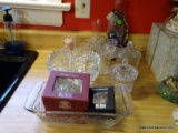 (KIT) GLASS LOT; LOT OF MISCELL. GLASS- PRESSED GLASS BOWL, CRYSTAL VASE- 5 IN, VOTIVE HOLDER WITH