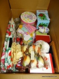 (KIT) BOX LOT; LOT INCLUDES- MISCELL. ITEMS SOME NEW IN BOXES- CRYSTAL LENOX ANGEL AND AN ORNAMENT,