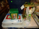 (FM) CHRISTMAS LOT; LOT INCLUDES NEW IN BOX PORCELAIN SANTA TRINKET BOX, SET OF 2 TREE PLATES NEW IN