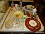 (FM) GLASS LOT; LOT OF MISCELL. GLASS ITEMS- STRAW HOLDER, PICKLE AND RELISH DISHES, CONDIMENT JARS,