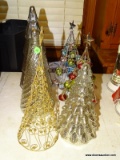 (FM) TREE LOT; DECORATIVE CHRISTMAS TREES- 3 LIGHT UP TREES, 2 TREES WITH BELLS AND A GOLD GLITTER