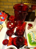 (FM) RUBY GLASS; 7 PC. OF RUBY RED GLASS, 2 PCS. OF AMBERINA GLASS AND AN ART GLASS RED VASE