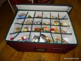 (LR) BOX LOT OF ORNAMENTS; CLOTH CASE CONTAINING 3 TRAYS OF VARIOUS KINDS OF CHRISTMAS ORNAMENTS,