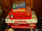 (FM) BOARD GAMES; 6 BOARD GAMES- CHINESE CHECKERS, SCATTERGORIES, SCRABBLE, MONOPOLY, SORRY AND HOT