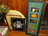 (FM) PICTURE LOT; 4 FRAMED PICTURES- ROUND FLORAL PRINT IN WHITE FRAME- 28 IN DIA., HORSE PRINT IN