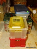 (FM) 5 PIECE LOT; INCLUDES 2 STACKING ORGANIZERS WITH ASSORTED CHRISTMAS DECOR, STERILITE CONTAINER