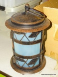 (FM) LANTERN; BRONZE TONED AND FROSTED GLASS LANTERN. IS SOLAR POWERED. HAS NOT BEEN TESTED.