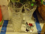 (FM) VASE LOT; INCLUDES A CRYSTAL VASE MADE IN THE USA, A CRYSTAL VASE WITH A FLORAL DESIGN, A