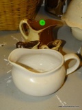 (FM) CREAMER LOT; INCLUDES A 4.5 IN TALL BROWN AND CREAM COLORED CREAMER AND 2 MINIATURE CREAMERS IN