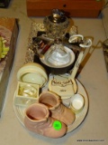 (FM) ASSORTED LOT; INCLUDES A CRYSTAL LIGHTER, A GOLD TONE AND CREAM PICTURE FRAME, A DOLL STAND, A