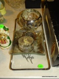 (FM) ASSORTED LOT; INCLUDES A SILVER PLATE MINIATURE BOX, 3 PIECES OF SILVER PLATE DECORATED GLASS