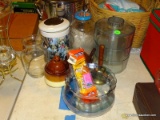 (FM) ASSORTED LOT; INCLUDES A GARFIELD PEZ (BRAND NEW), A STACKING STORAGE JAR, A BRASS BELL, A