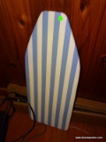 (FM) MINIATURE IRONING BOARD; BLUE AND WHITE STRIPED WITH FOLD OUT LEGS.