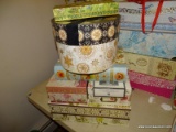 (LR) DECORATIVE BOXES; 5 DECORATIVE STORAGE BOXES- ROUND HAT BOX STYLE HAS 2 SMALLER STACKING BOXES