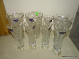 (LR) VASE LOT; 8 CRYSTAL PRESSED CUT VASES- 3- 9 IN H AND 5- 8 IN H