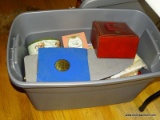 (LR) TUB LOT OF MISCELL.; LOT INCLUDES- SEWING BOX OF THREAD, TABLETOP IRONING BOARD, CHRISTMAS